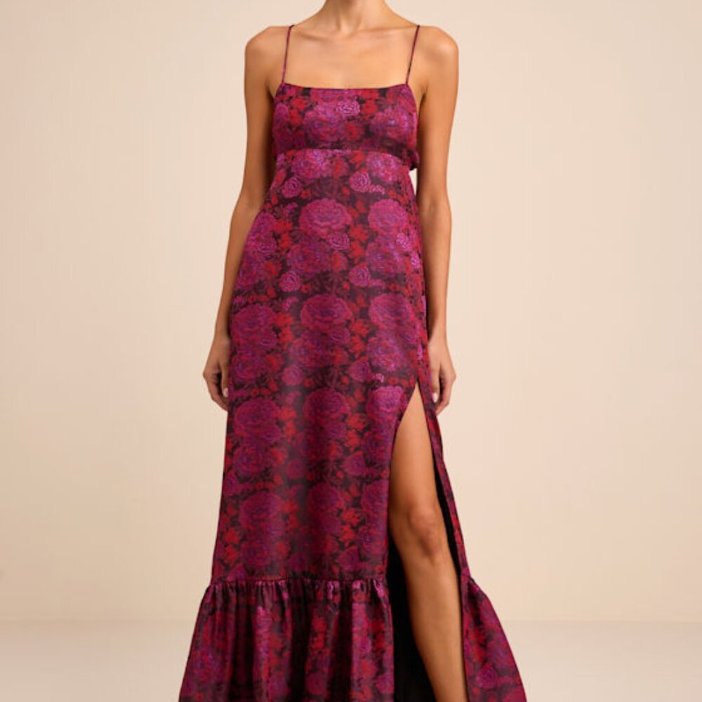 Lulus Jasiel Burgundy Jacquard Lace-up Tiered Maxi Dress - Size L